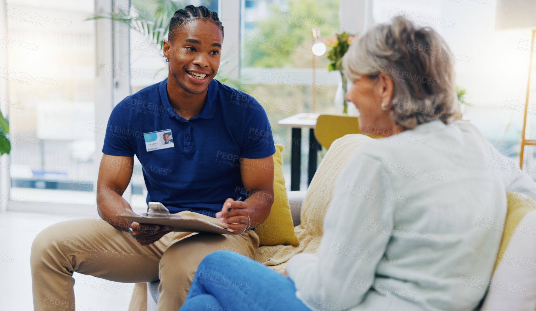 Buy stock photo Retirement, paperwork and a nurse talking to an old woman patient about healthcare in an assisted living facility. Medical, planning and communication with a black man consulting a senior in her home