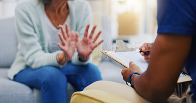 Person, hands or consulting a therapist writing on clipboard notes for healthcare service of cancer therapy. Closeup, nurse or sick patient talking in consultation with paperwork report documents