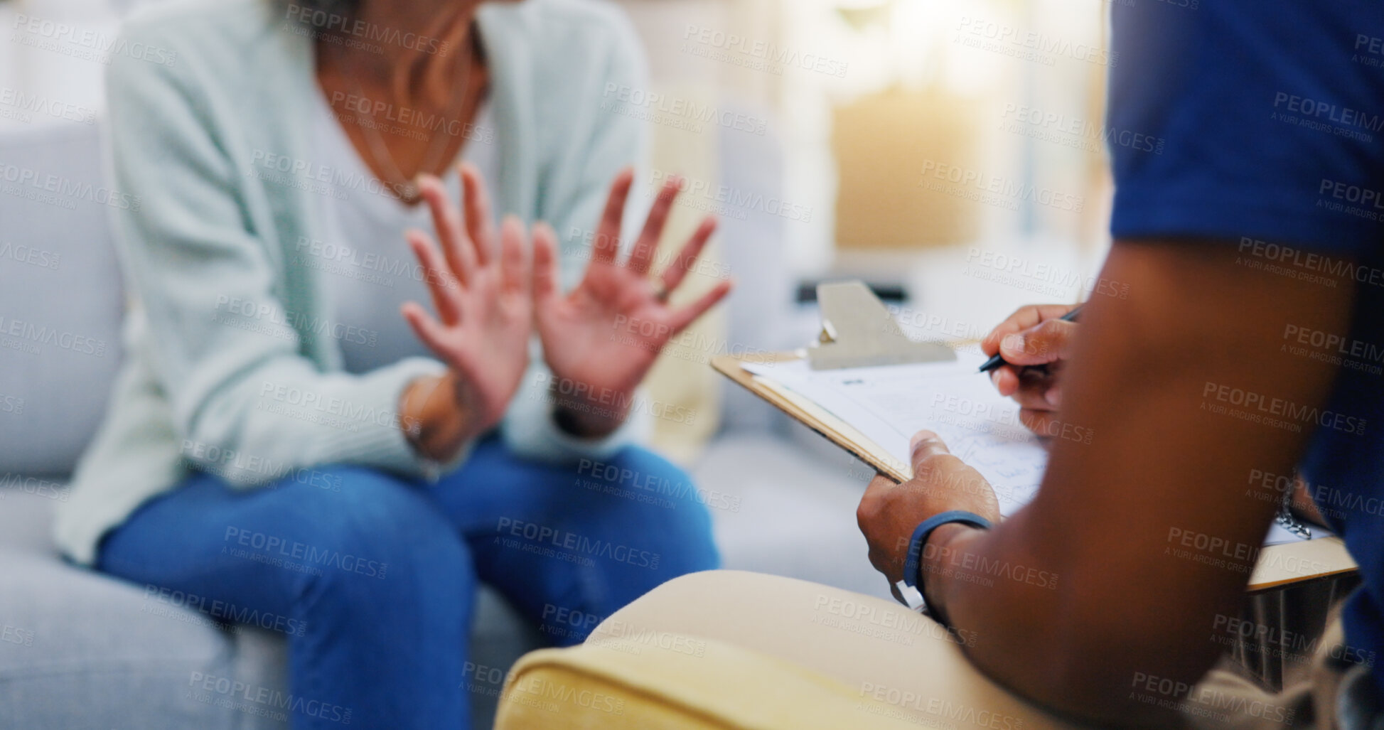 Buy stock photo Person, hands or consulting a therapist writing on clipboard notes for healthcare service of cancer therapy. Closeup, nurse or sick patient talking in consultation with paperwork report documents