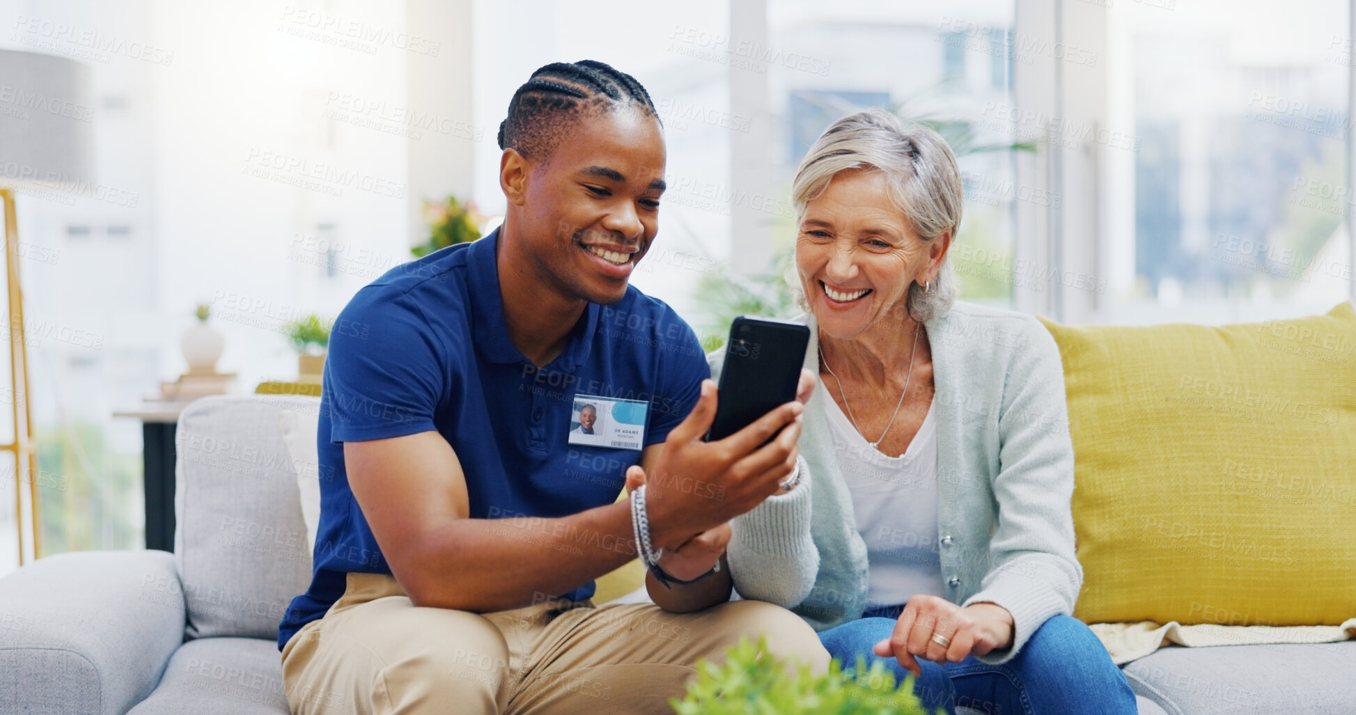 Buy stock photo Phone, medical and a nurse talking to a patient in an assisted living facility for senior people. Healthcare, mobile and contact with a black man medicine professional chatting to a mature woman