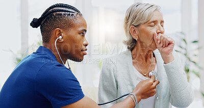 Nurse, elderly woman and stethoscope for cough test for healthcare, wellness or listening for breathing problem. Nursing home, listen or breathe with doctor black man, senior female patient for lungs