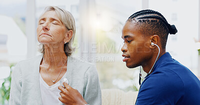 Nurse, senior woman and stethoscope for breathing test for healthcare, wellness or listening for chest problem. Nursing home, listen and breathe with black man, elderly female patient for lung health