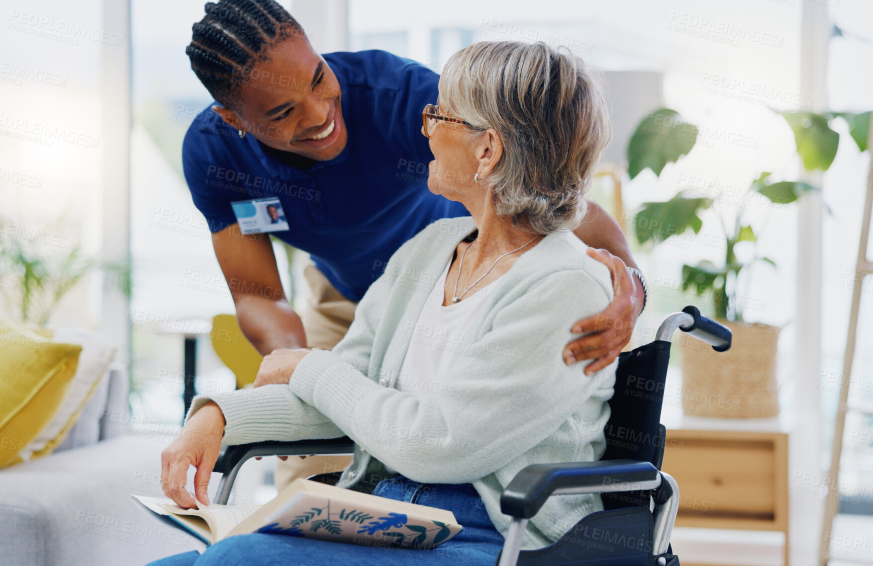 Buy stock photo Black man, caregiver or old woman in wheelchair talking or speaking in homecare rehabilitation together. Medical healthcare advice or male nurse nursing or helping elderly patient with disability