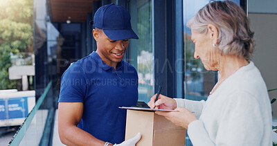 Delivery, package and black man with a woman, signage and box with clipboard, courier and client. Male worker, person and employee with a customer, parcel and cargo with document, retail or signature