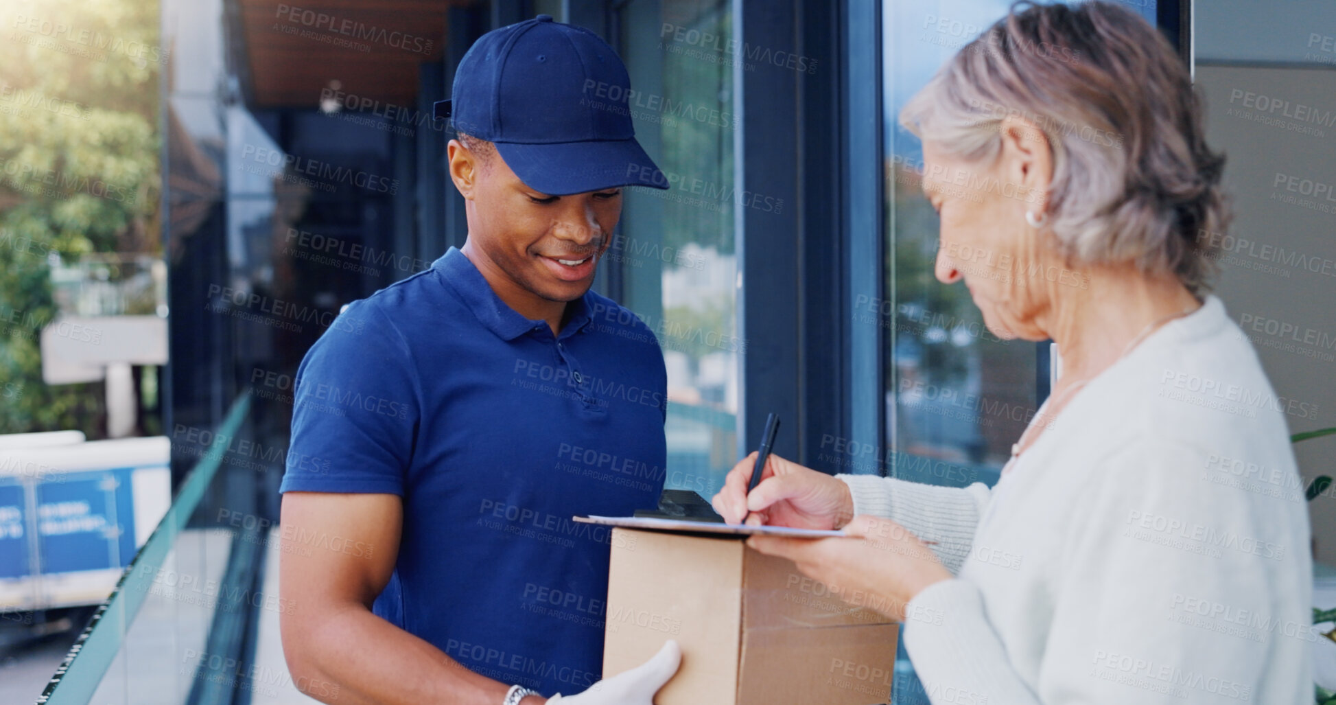 Buy stock photo Delivery, package and black man with a woman, signage and box with clipboard, courier and client. Male worker, person and employee with a customer, parcel and cargo with document, retail or signature