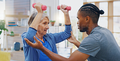 Physiotherapy, black man and senior woman stretching, smile and consultation in office, help and wellness. Physiotherapist, male employee and happy female client stretch, health and rehabilitation