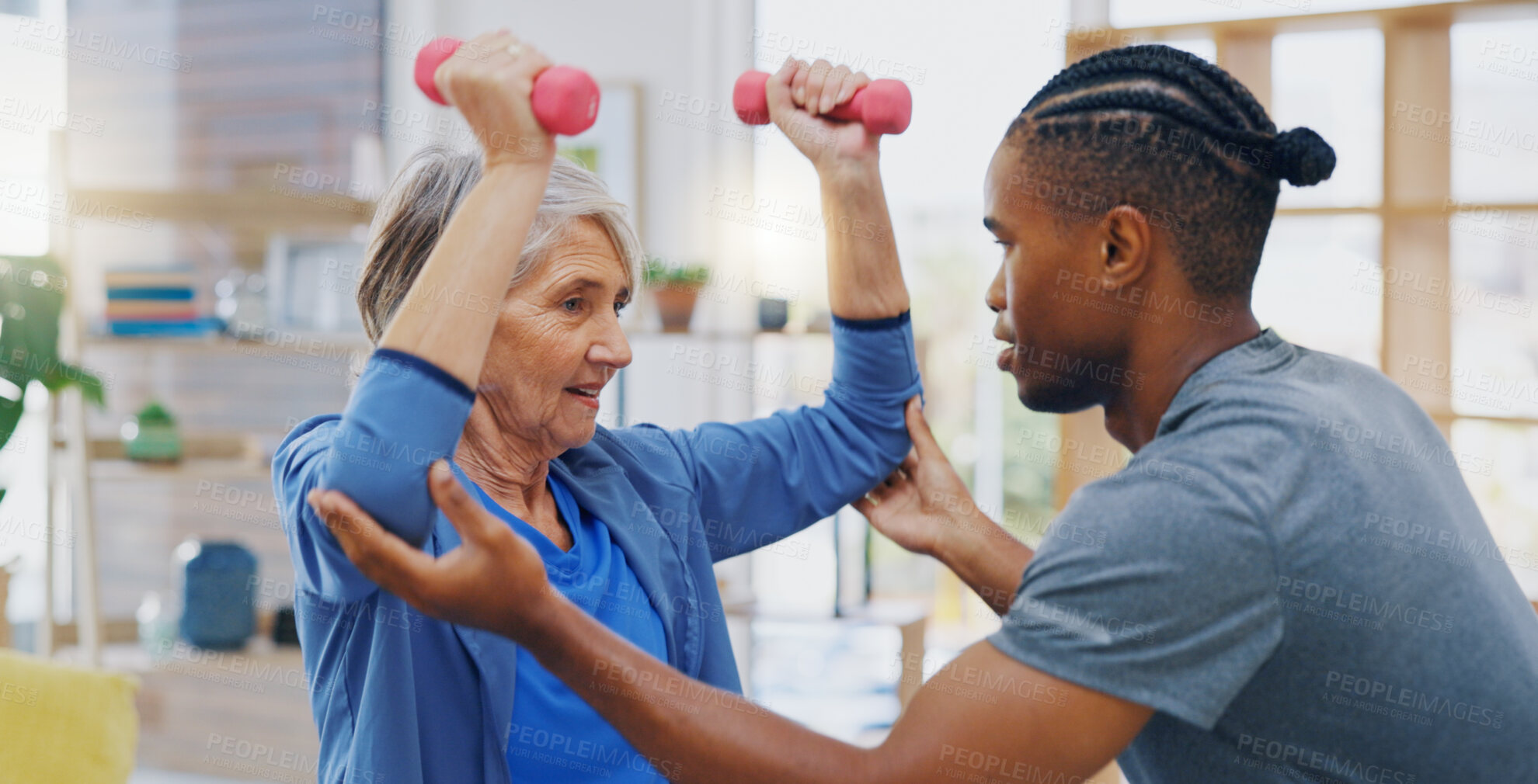 Buy stock photo Physiotherapy, black man and senior woman stretching, smile and consultation in office, help and wellness. Physiotherapist, male employee and happy female client stretch, health and rehabilitation