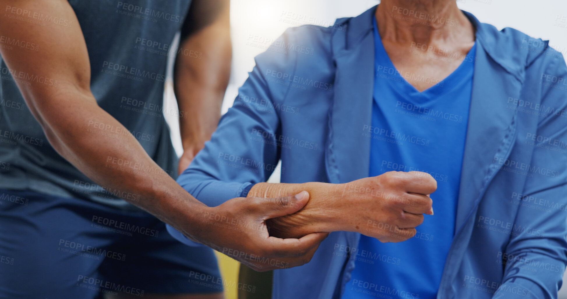 Buy stock photo Hands, physiotherapy and recovery with a patient training while listening to her therapist for rehabilitation. Healthcare, fitness or exercise with a person and physiotherapist during a workout