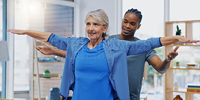 Elderly woman, nurse and rehabilitation or stretching exercise in a nursing home for fitness. Happy senior female patient with a therapist man for healing, health and physiotherapy for arms and body