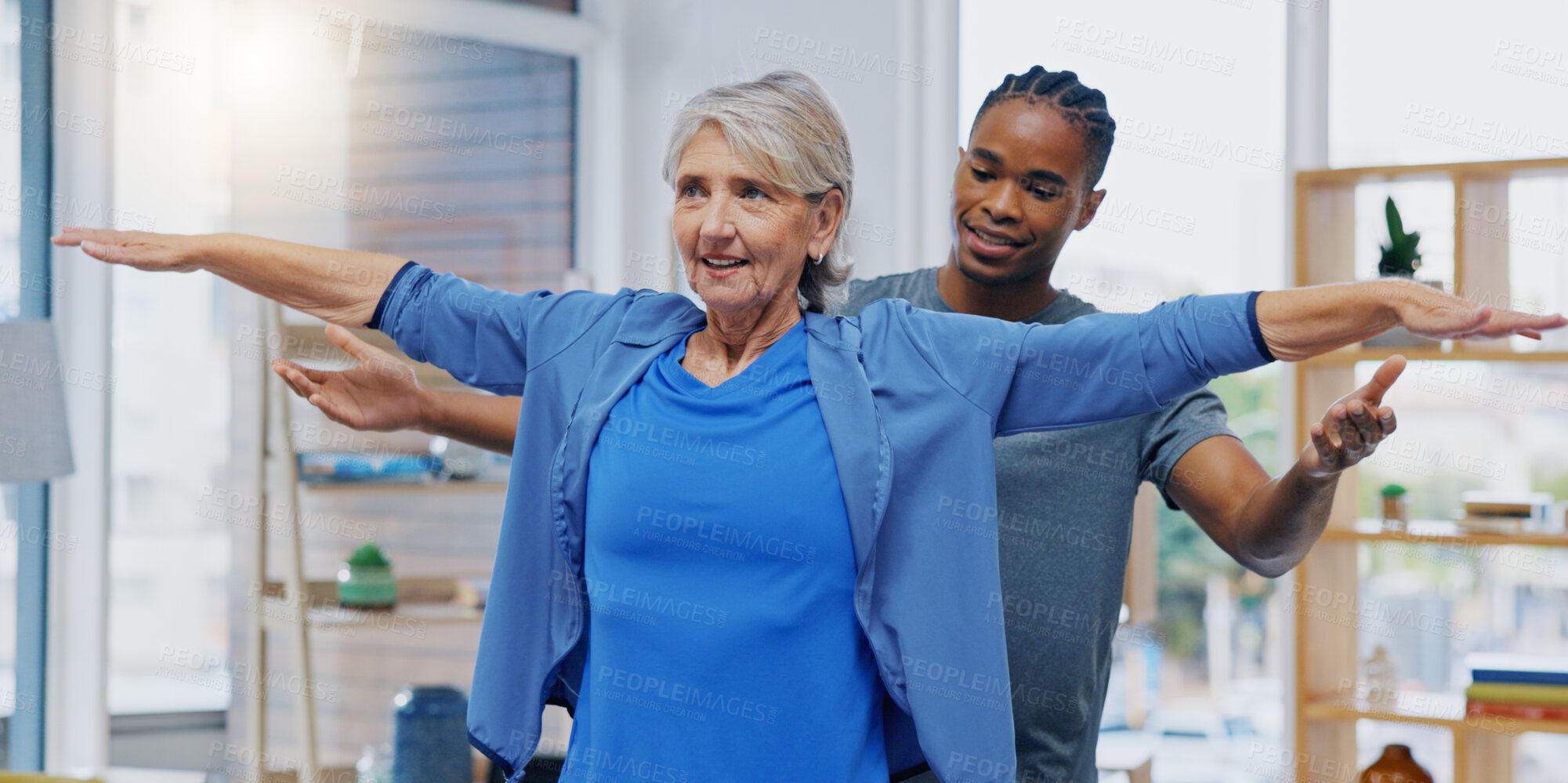 Buy stock photo Elderly woman, nurse and rehabilitation or stretching exercise in a nursing home for fitness. Happy senior female patient with a therapist man for healing, health and physiotherapy for arms and body