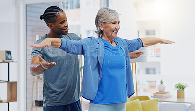 Rehabilitation, elderly woman and nurse for stretching exercise in a nursing home. Happy senior patient with a therapist man for healing, health and physiotherapy for arms, strong muscle and body
