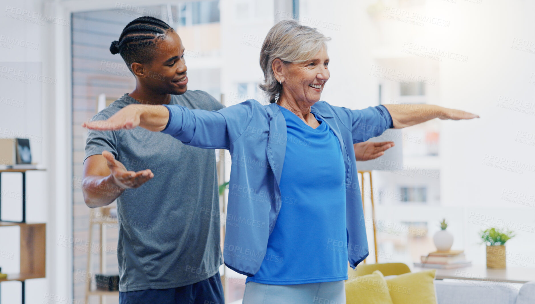 Buy stock photo Rehabilitation, elderly woman and nurse for stretching exercise in a nursing home. Happy senior patient with a therapist man for healing, health and physiotherapy for arms, strong muscle and body