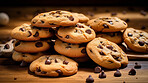 Stack of chocolate chip cookies. Fresh homemade sweet snack.