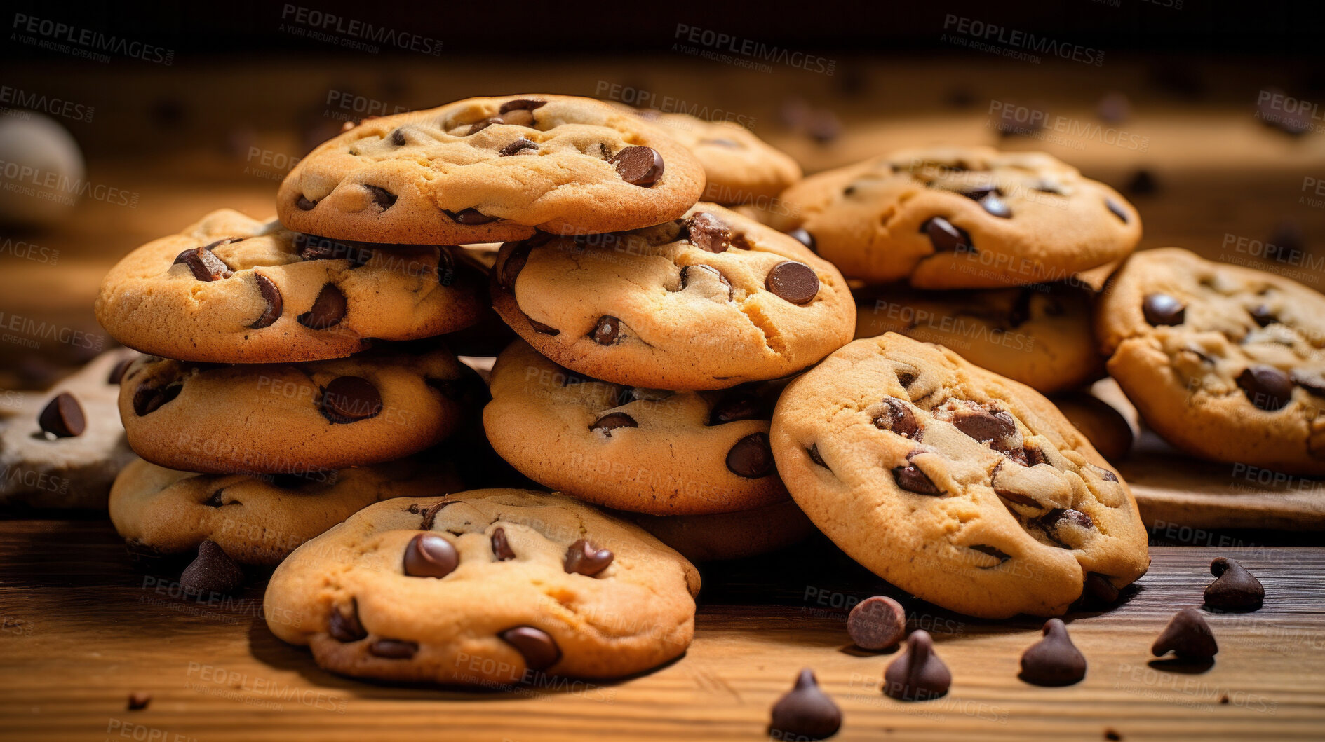 Buy stock photo Stack of chocolate chip cookies. Fresh homemade sweet snack.