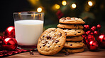 Chocolate chip cookies and glass of milk. Fresh homemade Christmas snack.