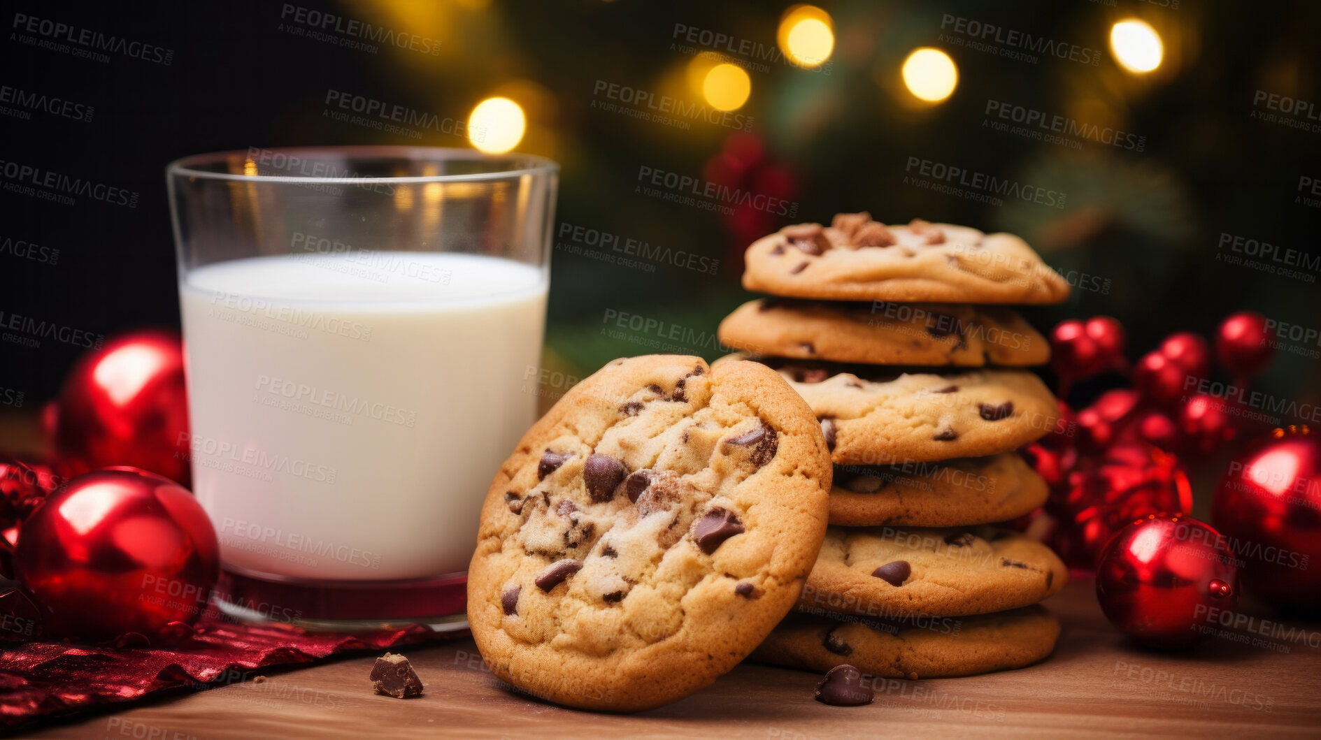 Buy stock photo Chocolate chip cookies and glass of milk. Fresh homemade Christmas snack.