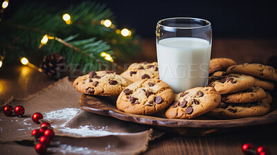 Chocolate chip cookies and glass of milk. Fresh homemade Christmas snack.