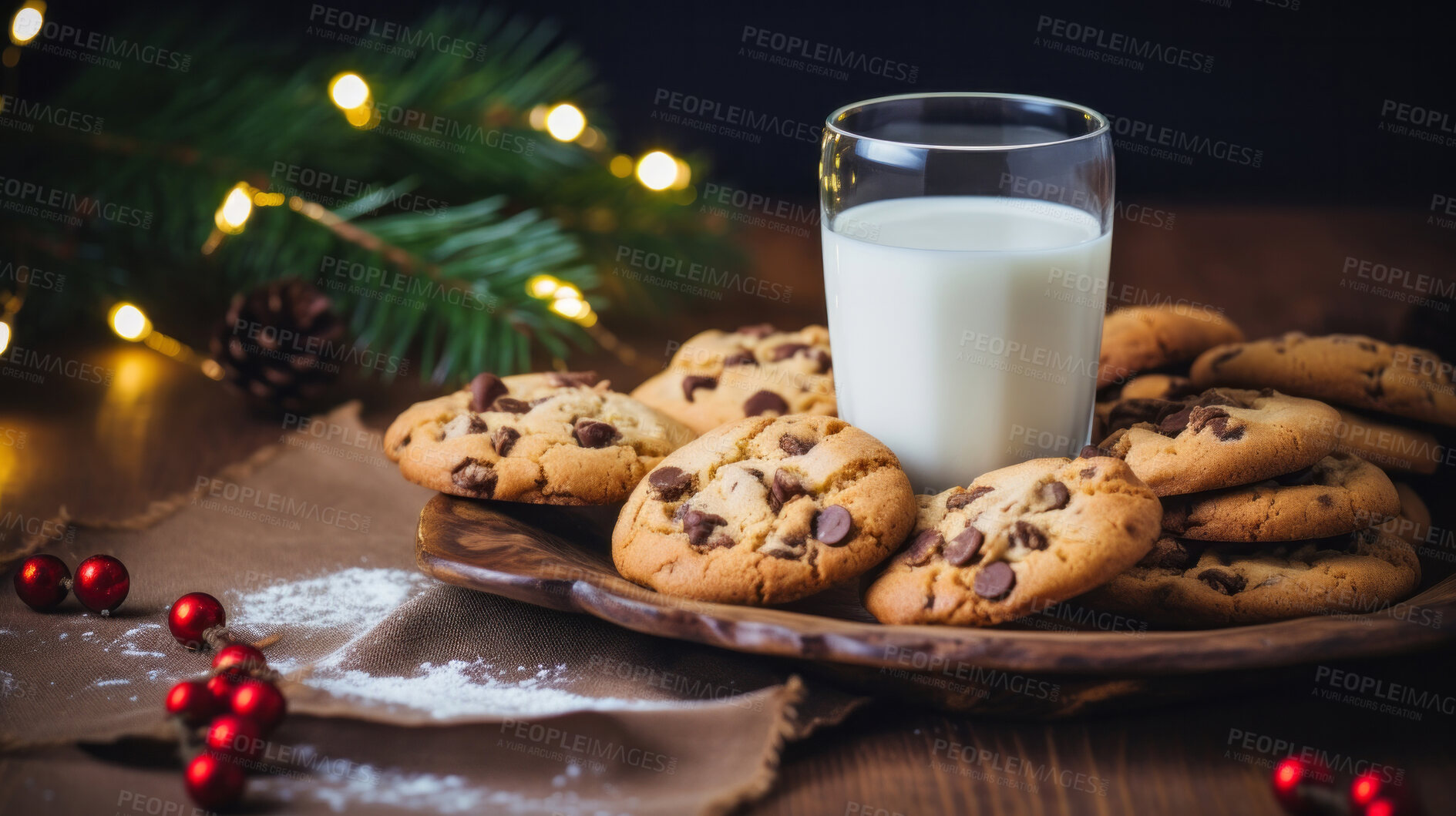 Buy stock photo Chocolate chip cookies and glass of milk. Fresh homemade Christmas snack.