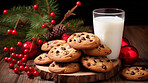 Chocolate chip cookies and glass of milk. Fresh homemade Christmas snack.