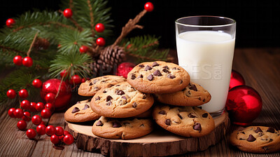 Chocolate chip cookies and glass of milk. Fresh homemade Christmas snack.