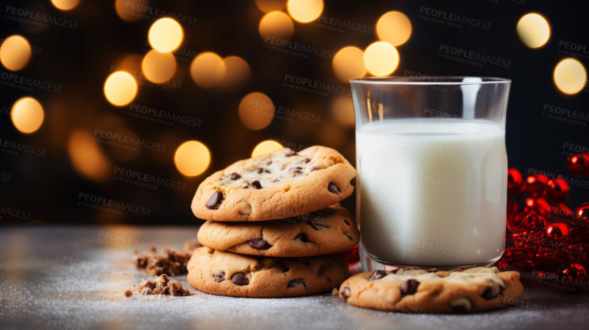 Buy stock photo Chocolate chip cookies and glass of milk. Fresh homemade Christmas snack.