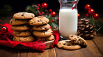 Chocolate chip cookies and glass of milk. Fresh homemade Christmas snack.