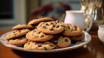 Chocolate chip cookies on a plate. Fresh homemade sweet snack.