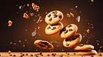 Falling flying chocolate chip cookies. Fresh homemade sweet snack.