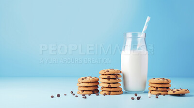 Chocolate chip cookies and glass of milk. Fresh homemade sweet snack.