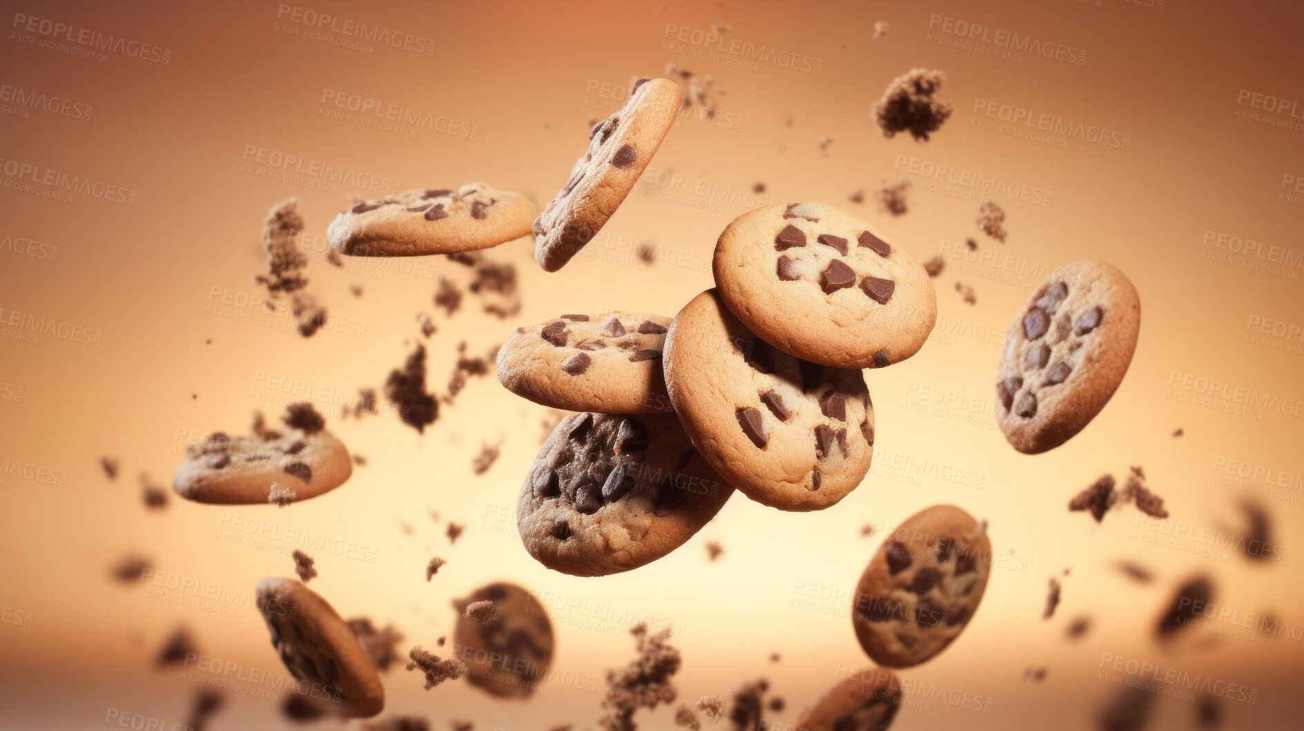 Buy stock photo Falling flying chocolate chip cookies. Fresh homemade sweet snack.