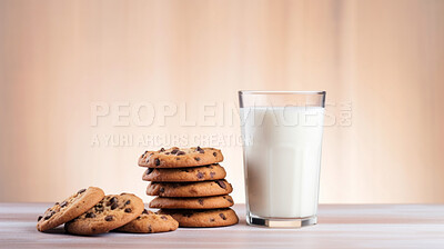 Chocolate chip cookies and glass of milk. Fresh homemade sweet snack.