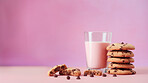 Chocolate chip cookies and glass of milk. Fresh homemade sweet snack.