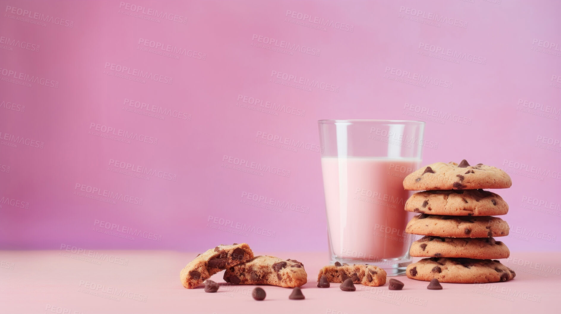 Buy stock photo Chocolate chip cookies and glass of milk. Fresh homemade sweet snack.