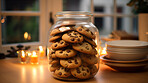 Chocolate chip cookies in glass jar. Fresh homemade sweet snack.