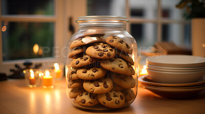 Chocolate chip cookies in glass jar. Fresh homemade sweet snack.