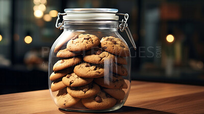 Chocolate chip cookies in glass jar. Fresh homemade sweet snack.
