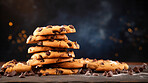 Stack of chocolate chip cookies. Fresh homemade sweet snack.