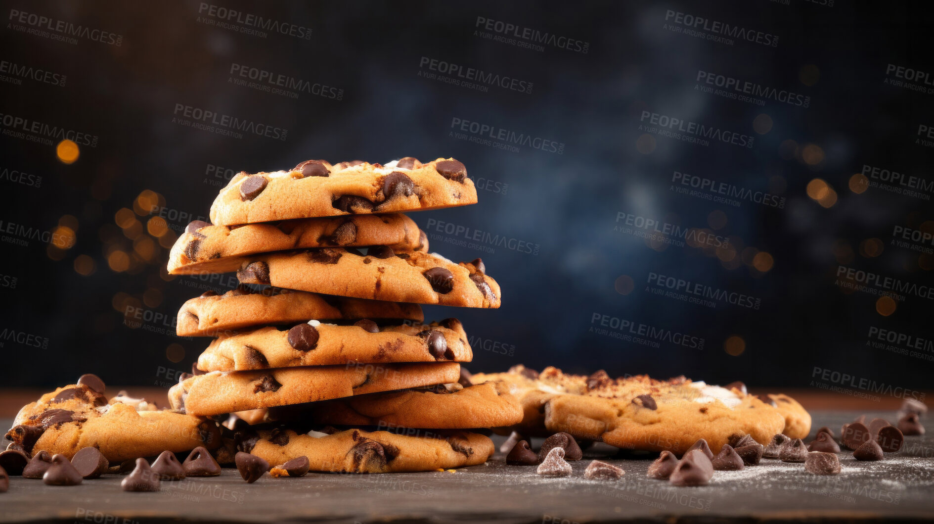 Buy stock photo Stack of chocolate chip cookies. Fresh homemade sweet snack.