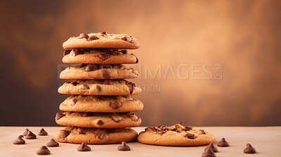 Stack of chocolate chip cookies. Fresh homemade sweet snack.