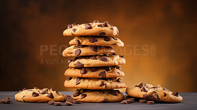 Stack of chocolate chip cookies. Fresh homemade sweet snack.
