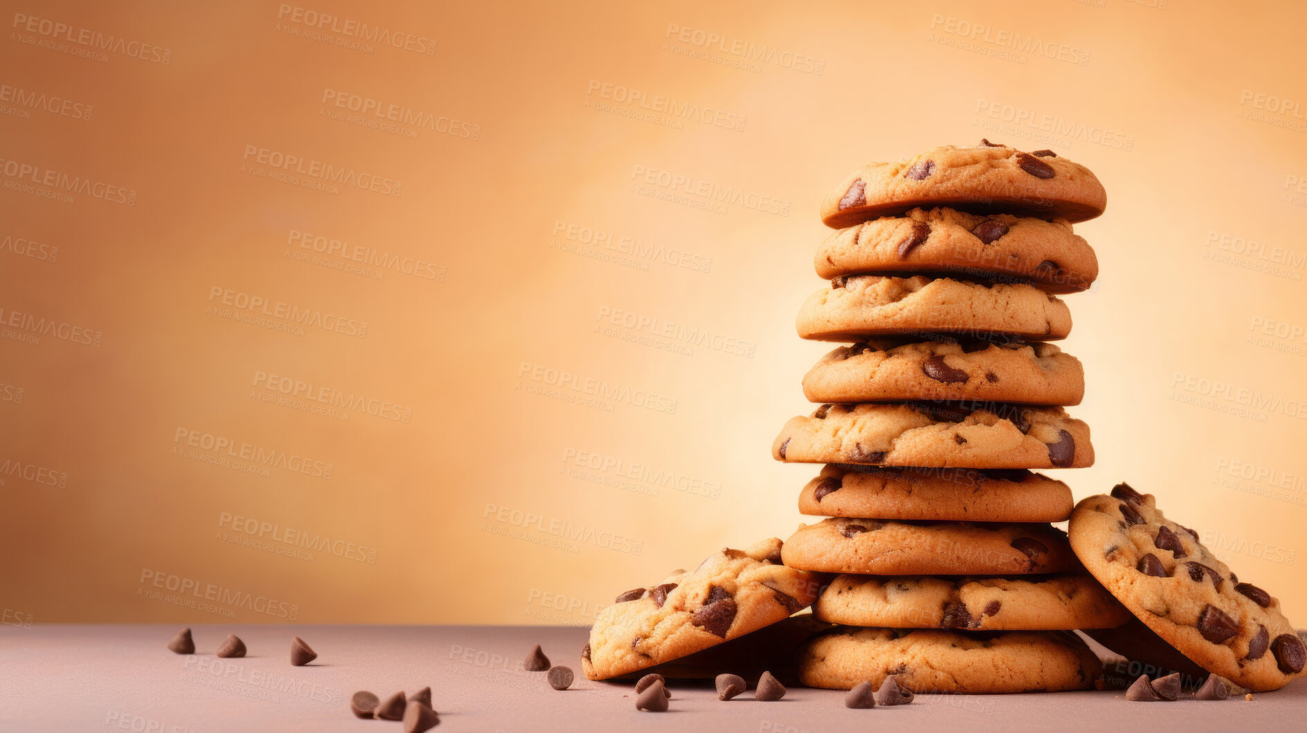 Buy stock photo Stack of chocolate chip cookies. Fresh homemade sweet snack.