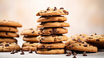 Stack of chocolate chip cookies. Fresh homemade sweet snack.