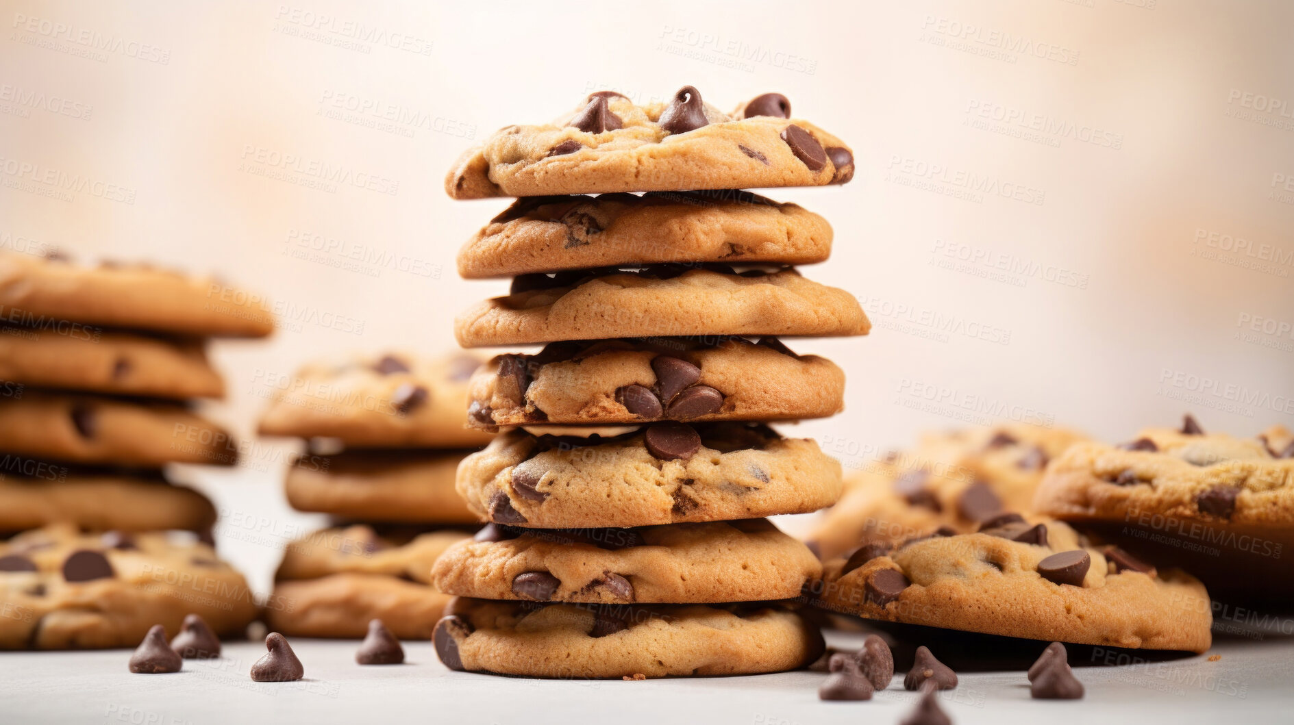 Buy stock photo Stack of chocolate chip cookies. Fresh homemade sweet snack.