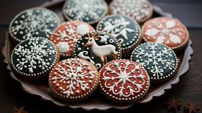 Buy stock photo Colorful Christmas cookies. Homemade sweet decorated gingerbread biscuits with icing