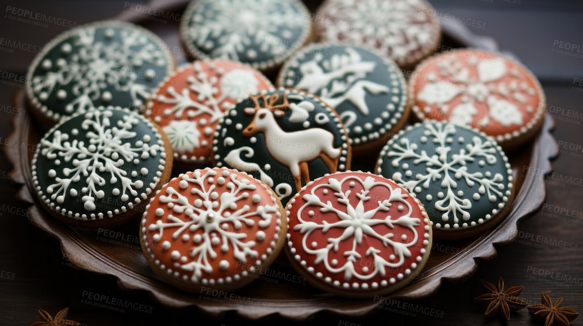 Buy stock photo Colorful Christmas cookies. Homemade sweet decorated gingerbread biscuits with icing