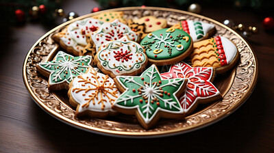 Buy stock photo Colorful Christmas cookies. Homemade sweet decorated gingerbread biscuits with icing