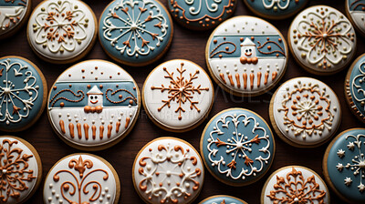 Buy stock photo Colorful Christmas cookies. Homemade sweet decorated gingerbread biscuits with icing