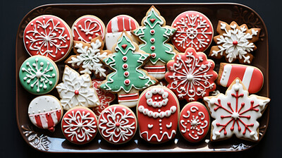 Colorful Christmas cookies. Homemade sweet decorated gingerbread biscuits with icing