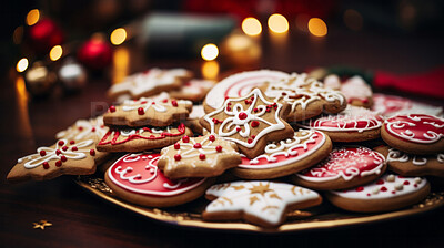 Buy stock photo Colorful Christmas cookies. Homemade sweet decorated gingerbread biscuits with icing