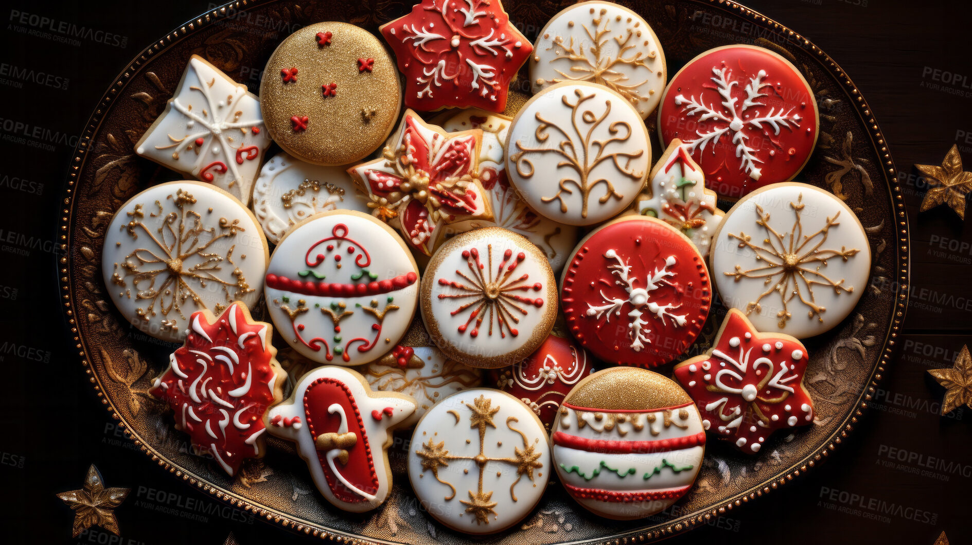 Buy stock photo Colorful Christmas cookies. Homemade sweet decorated gingerbread biscuits with icing